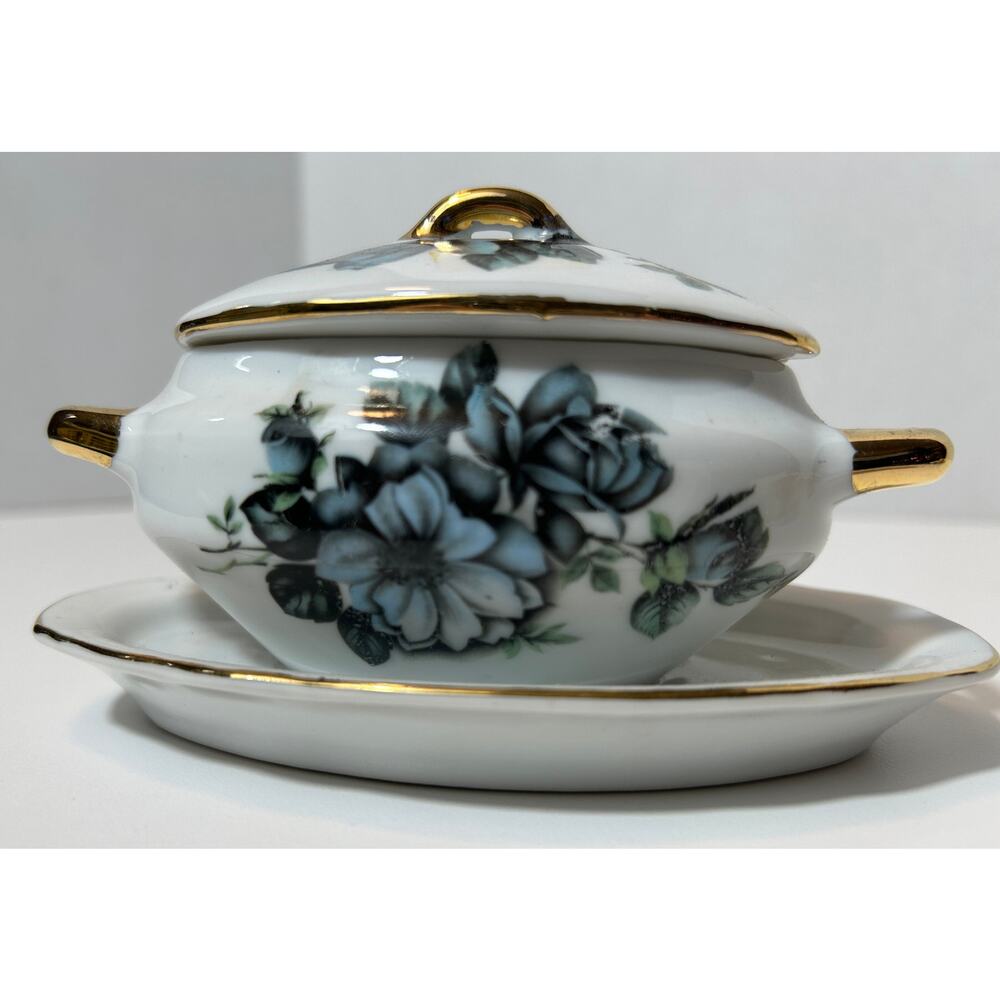 Vintage Bavaria Black Rose Porcelain Miniature Tureen with Lid and Underplate